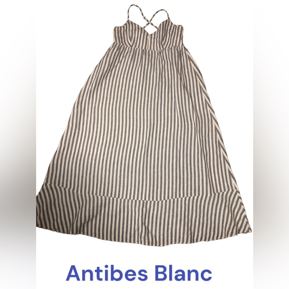 Antibes Blanc Anthropologie Linen Maxi Dress Blue and White Strip Size 8